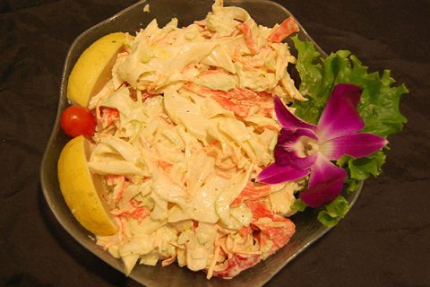 Crab Salad: Crab, Corn, Celery, Pickles, Lemon, Mayonnaise, Sour Cream.